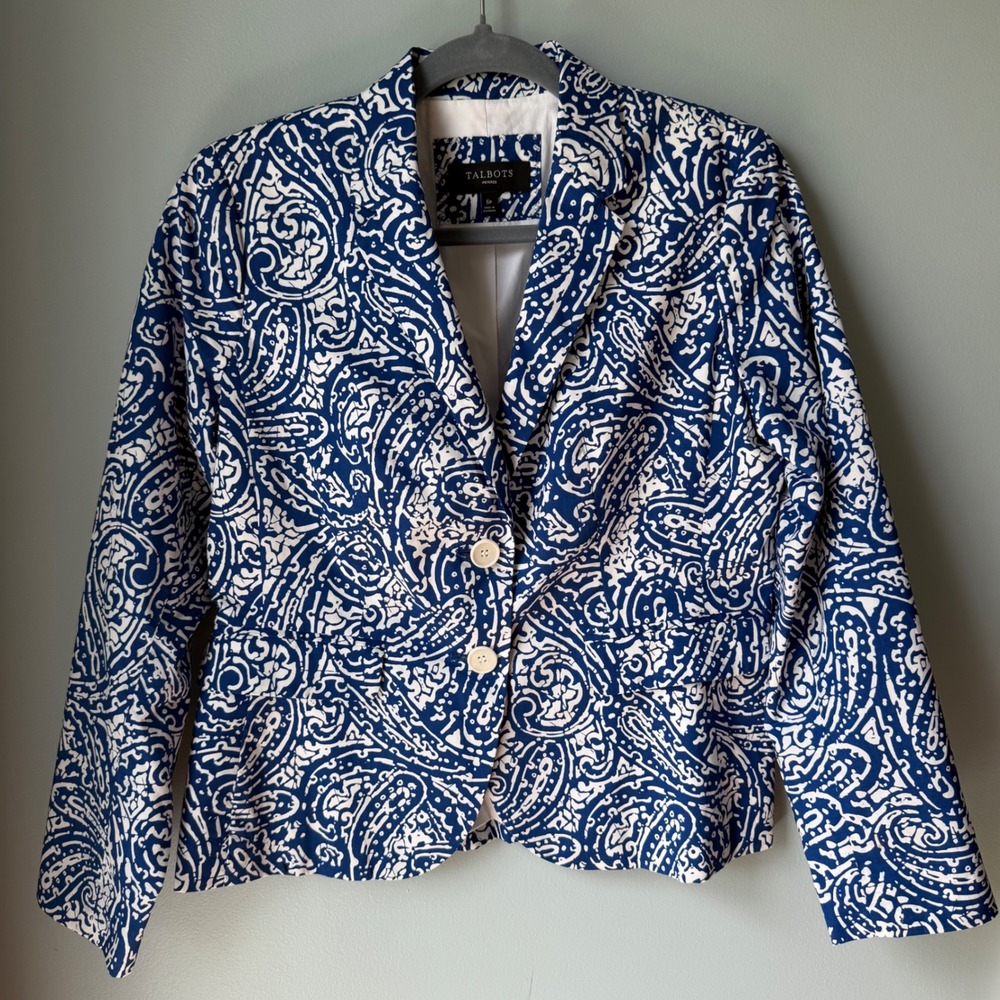 NEW Talbots Petite Blazer Blue Batik Paisley 100% Cotton Pockets Coastal Size 6P